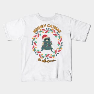 Funny Christmas Cat Tangled in Lights, Meowy Catmas Kids T-Shirt